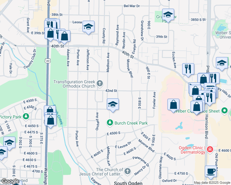 map of restaurants, bars, coffee shops, grocery stores, and more near 755 42nd Street in Ogden
