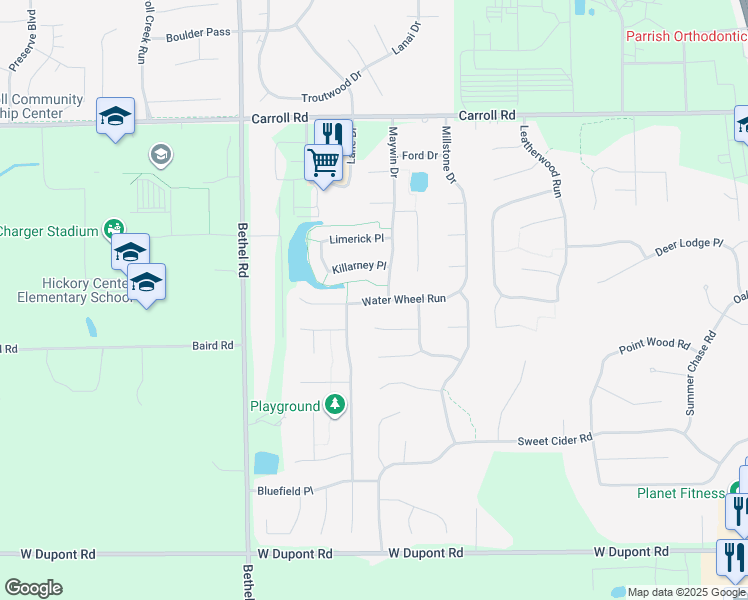 map of restaurants, bars, coffee shops, grocery stores, and more near 2889 Water Wheel Run in Fort Wayne