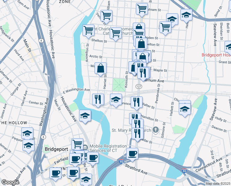 map of restaurants, bars, coffee shops, grocery stores, and more near 480 East Washington Avenue in Bridgeport