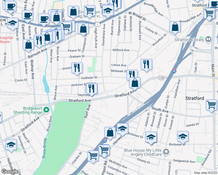 map of restaurants, bars, coffee shops, grocery stores, and more near 24 Soundview Avenue in Stratford