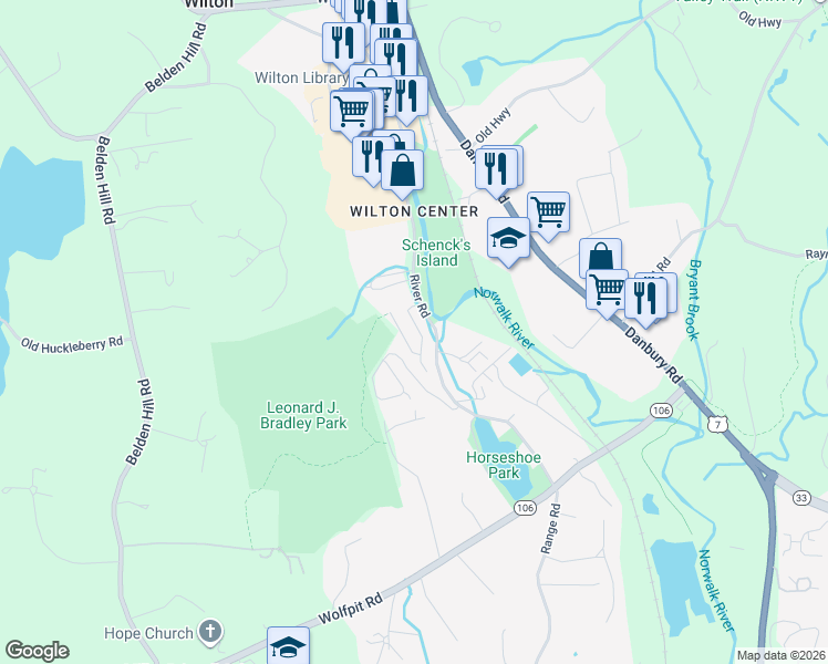 map of restaurants, bars, coffee shops, grocery stores, and more near 10 Glen Ridge in Wilton