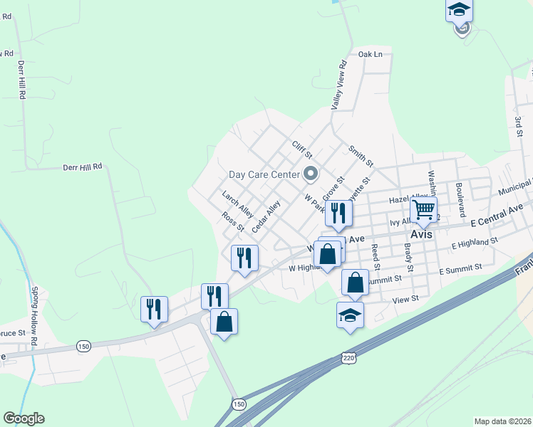 map of restaurants, bars, coffee shops, grocery stores, and more near Cedar Alley in Avis
