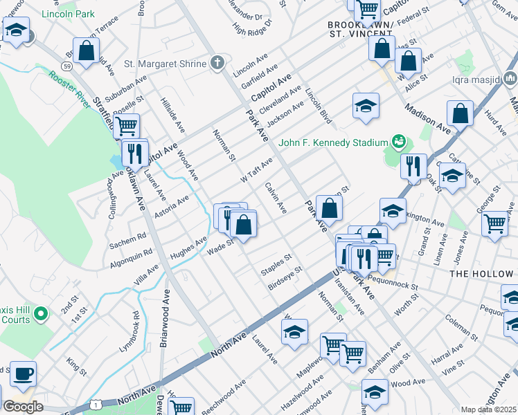 map of restaurants, bars, coffee shops, grocery stores, and more near 1371 Norman Street in Bridgeport