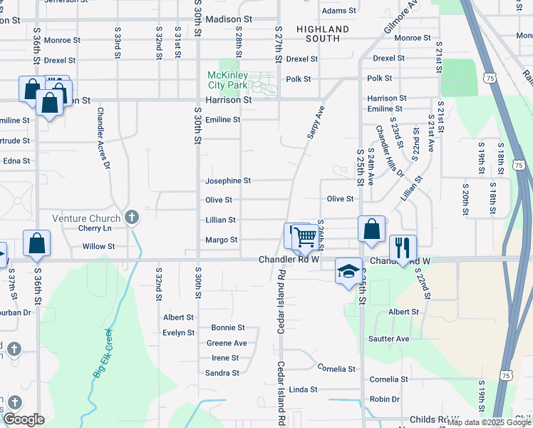 map of restaurants, bars, coffee shops, grocery stores, and more near 2714 Lillian Street in Bellevue
