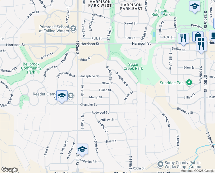 map of restaurants, bars, coffee shops, grocery stores, and more near 18906 Lillian Street in Omaha