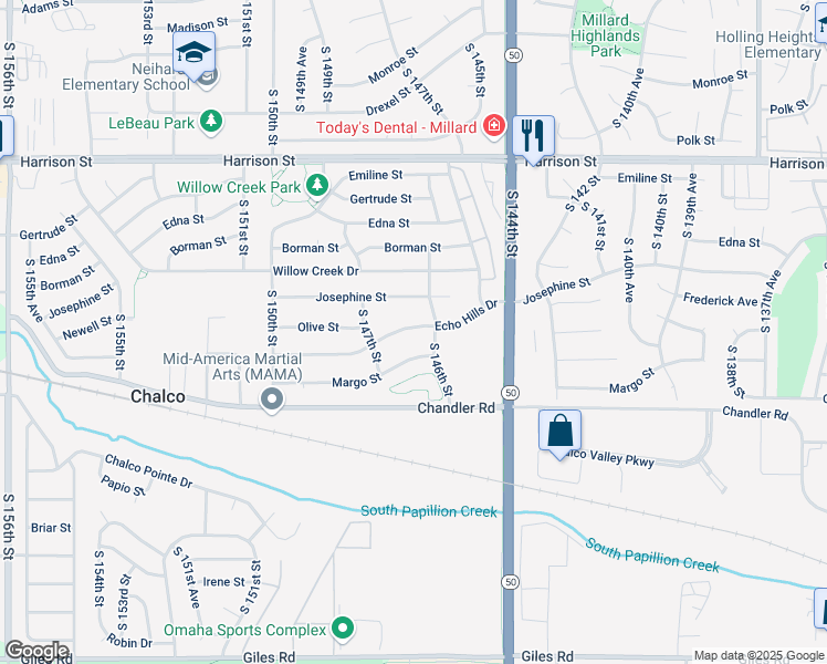 map of restaurants, bars, coffee shops, grocery stores, and more near 14611 Echo Hills Drive in Omaha