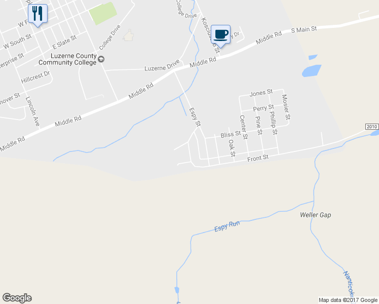 map of restaurants, bars, coffee shops, grocery stores, and more near Meadow Crest Drive in Nanticoke