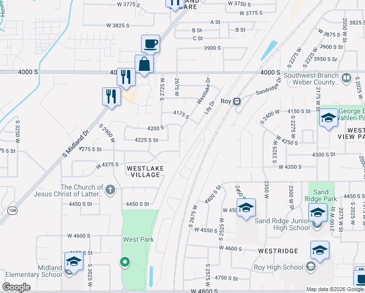 map of restaurants, bars, coffee shops, grocery stores, and more near 4280 Westlake Drive in Roy