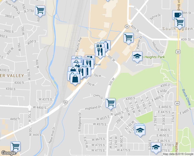 map of restaurants, bars, coffee shops, grocery stores, and more near 4249 South 500 West in Ogden
