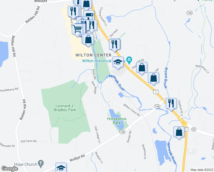 map of restaurants, bars, coffee shops, grocery stores, and more near 100 River Road in Wilton