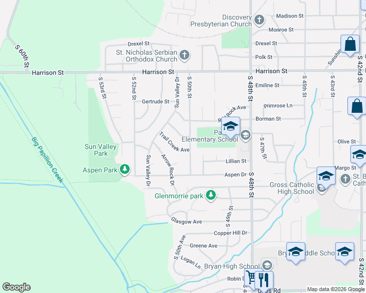 map of restaurants, bars, coffee shops, grocery stores, and more near 5005 Trail Creek Avenue in Omaha