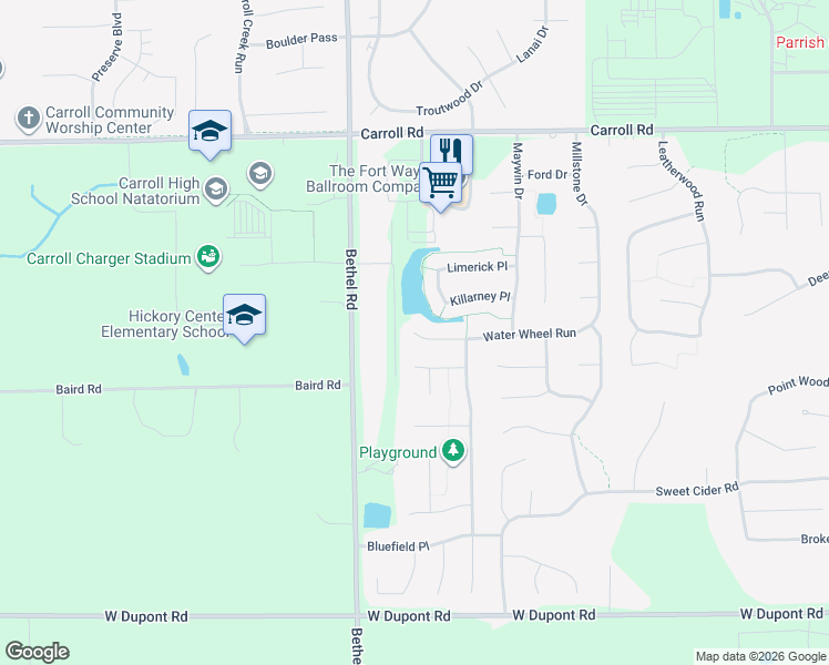 map of restaurants, bars, coffee shops, grocery stores, and more near 2898 Water Wheel Run in Fort Wayne