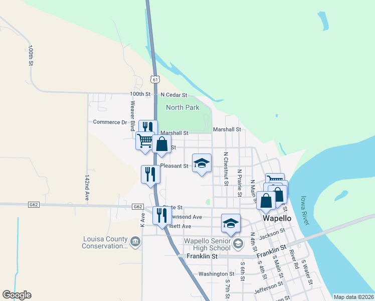 map of restaurants, bars, coffee shops, grocery stores, and more near 851 Mill Street in Wapello