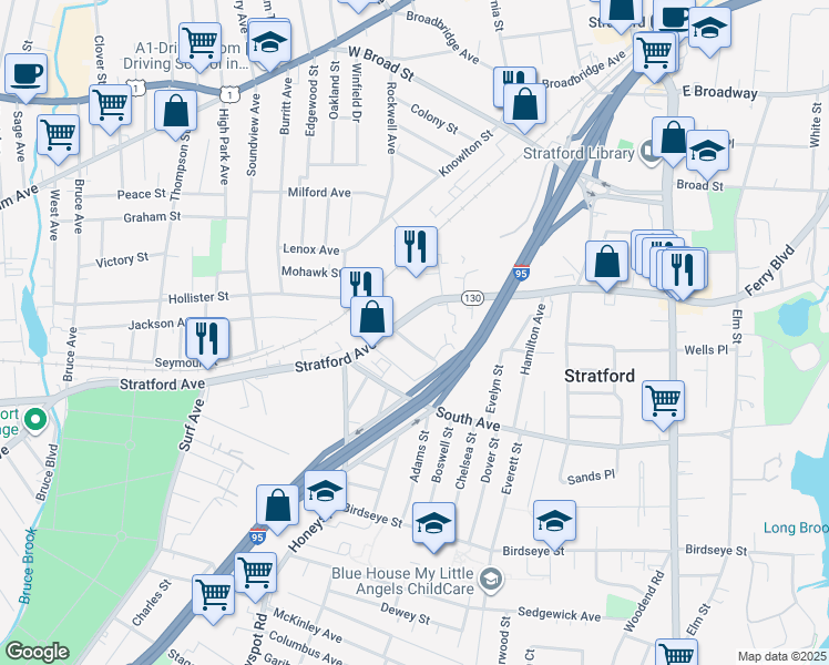 map of restaurants, bars, coffee shops, grocery stores, and more near 14 Eleanor Street in Stratford