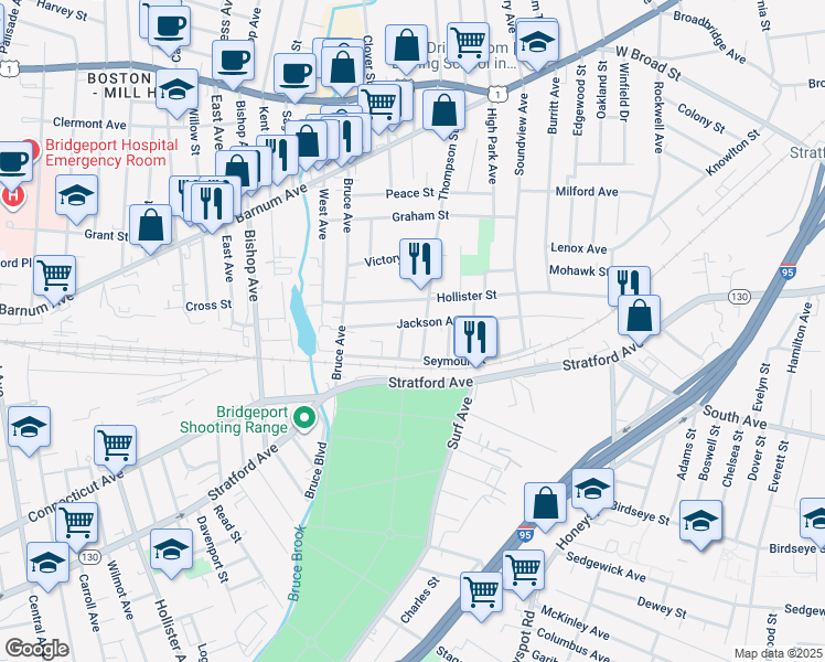 map of restaurants, bars, coffee shops, grocery stores, and more near 37 Thompson Street in Stratford