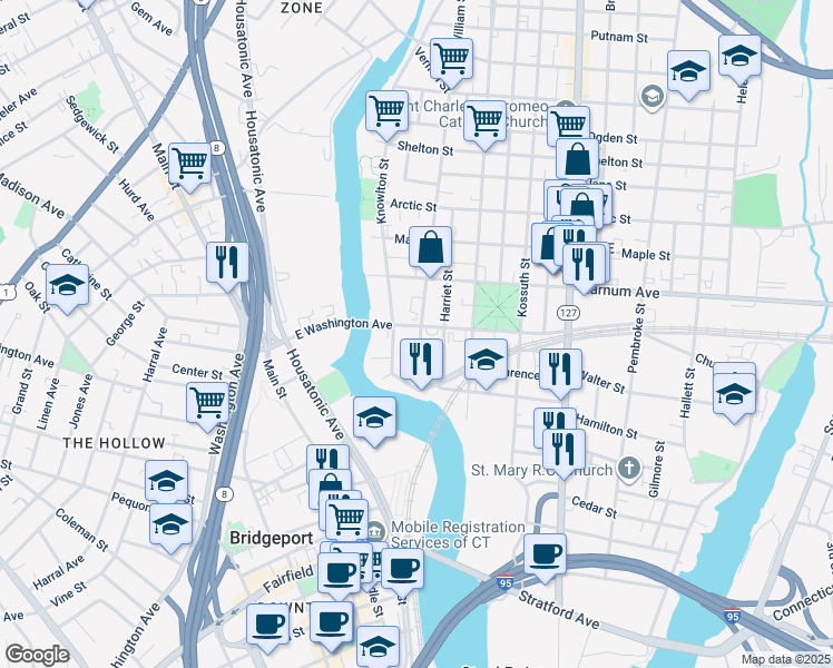map of restaurants, bars, coffee shops, grocery stores, and more near 6 William Place in Bridgeport