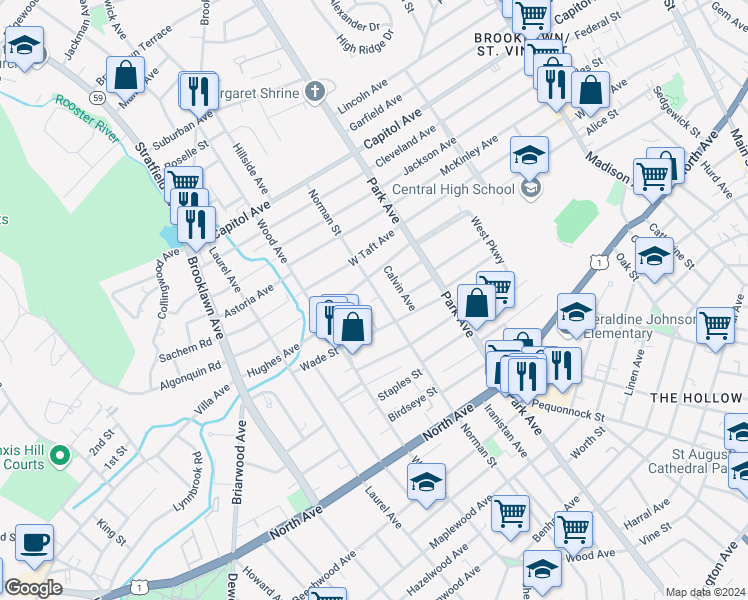 map of restaurants, bars, coffee shops, grocery stores, and more near 1371 Norman Street in Bridgeport