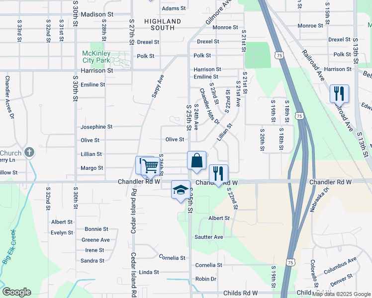 map of restaurants, bars, coffee shops, grocery stores, and more near 7501 South 25th Street in Bellevue
