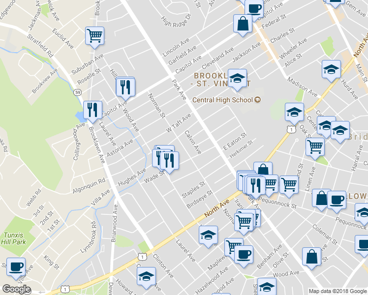map of restaurants, bars, coffee shops, grocery stores, and more near 1371 Norman Street in Bridgeport