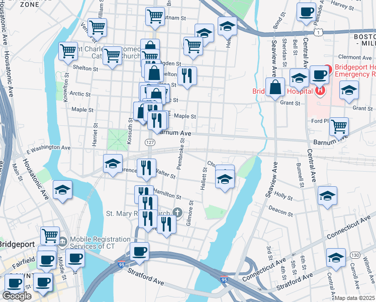 map of restaurants, bars, coffee shops, grocery stores, and more near Crescent Avenue in Bridgeport