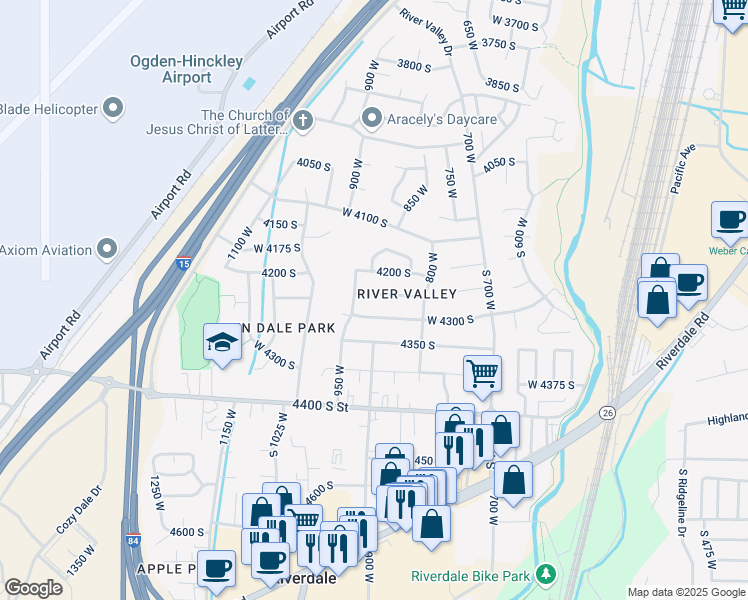 map of restaurants, bars, coffee shops, grocery stores, and more near 915 4250 South in Riverdale
