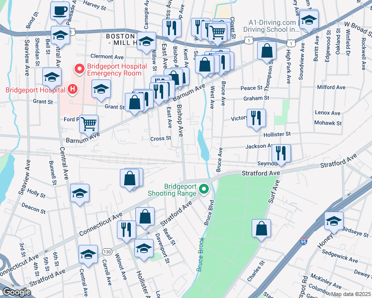 map of restaurants, bars, coffee shops, grocery stores, and more near 250 Bishop Avenue in Bridgeport