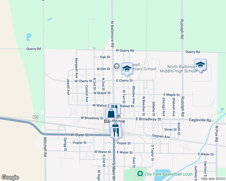map of restaurants, bars, coffee shops, grocery stores, and more near 116 West Maple Street in North Baltimore