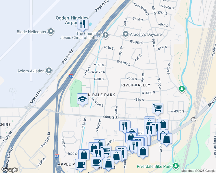 map of restaurants, bars, coffee shops, grocery stores, and more near 4250 1000 West in Riverdale