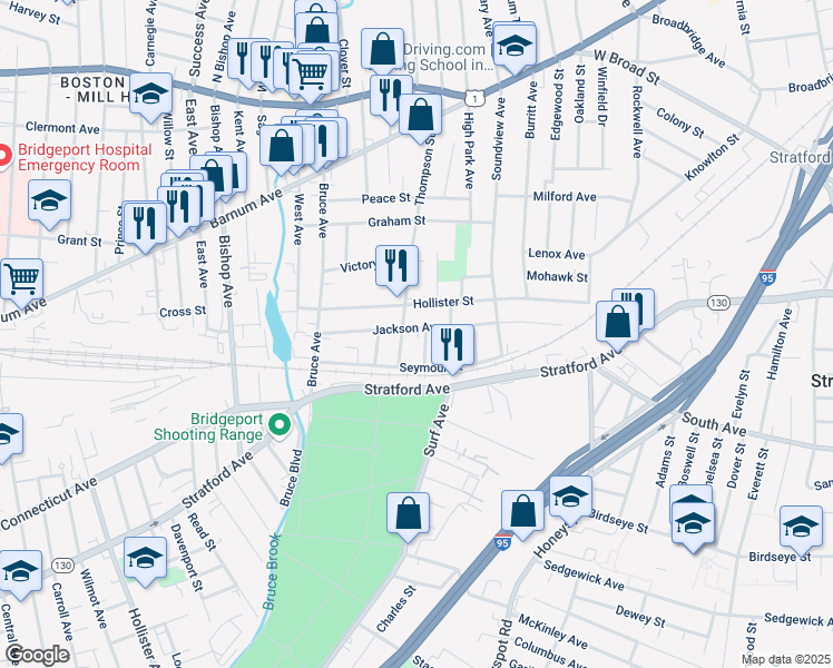 map of restaurants, bars, coffee shops, grocery stores, and more near 84 Sheridan Street in Stratford