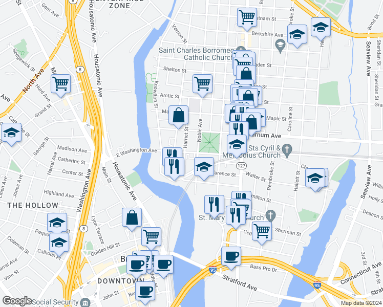 map of restaurants, bars, coffee shops, grocery stores, and more near 279 Noble Avenue in Bridgeport