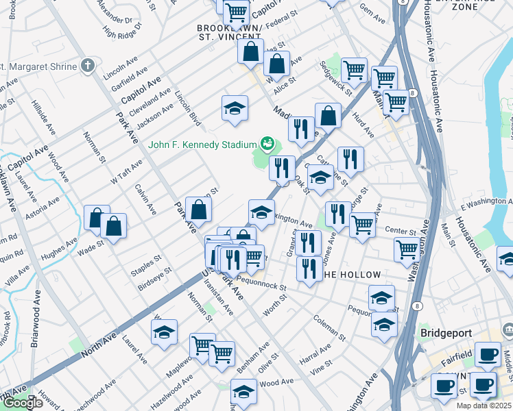 map of restaurants, bars, coffee shops, grocery stores, and more near 1492 North Avenue in Bridgeport