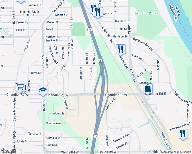 map of restaurants, bars, coffee shops, grocery stores, and more near 7414 South 17th Street in Bellevue