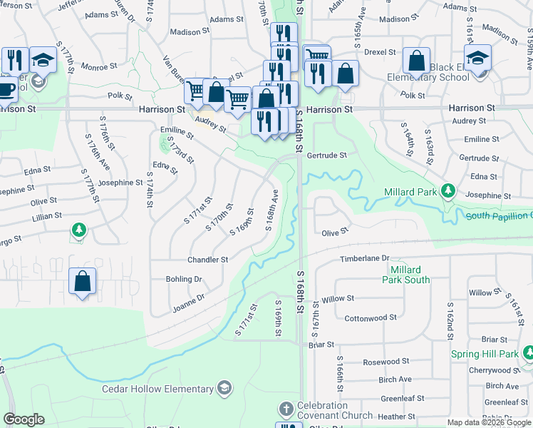 map of restaurants, bars, coffee shops, grocery stores, and more near 7329 South 169th Street in Omaha