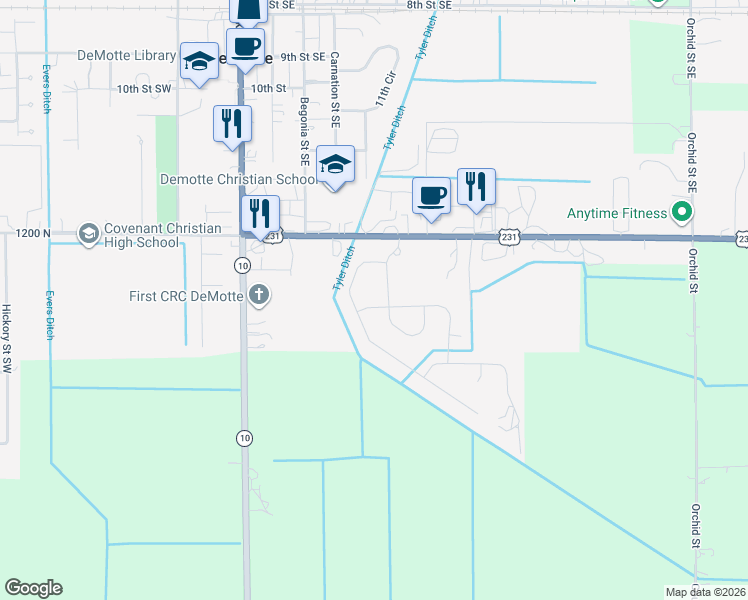 map of restaurants, bars, coffee shops, grocery stores, and more near 1705 Daisy St SE in De Motte