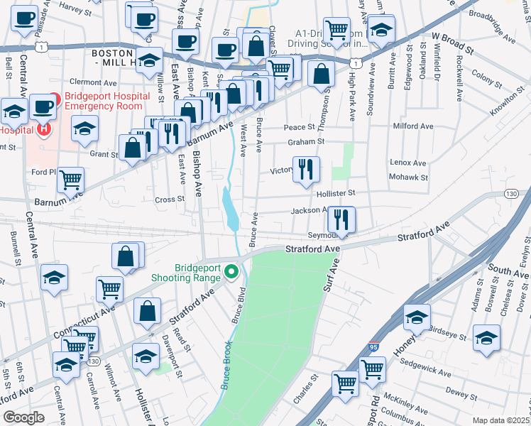 map of restaurants, bars, coffee shops, grocery stores, and more near 487 Jackson Avenue in Stratford