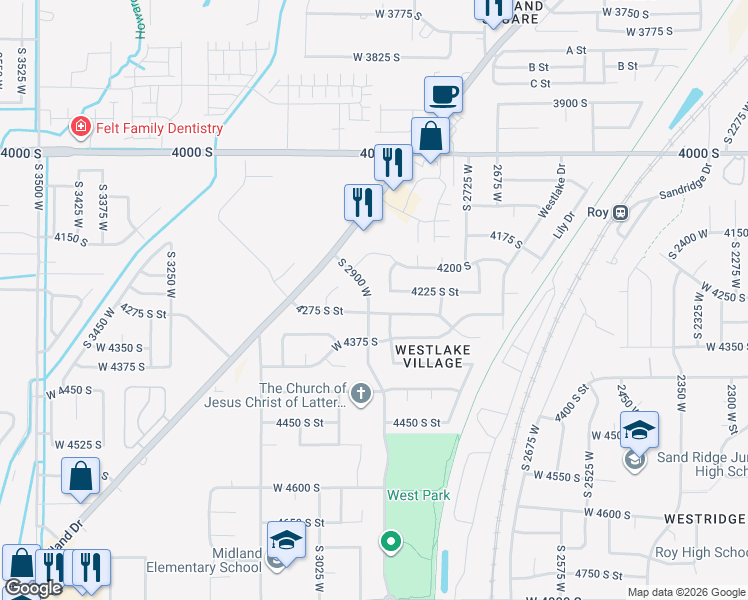 map of restaurants, bars, coffee shops, grocery stores, and more near 4270 South 2900 West in Roy