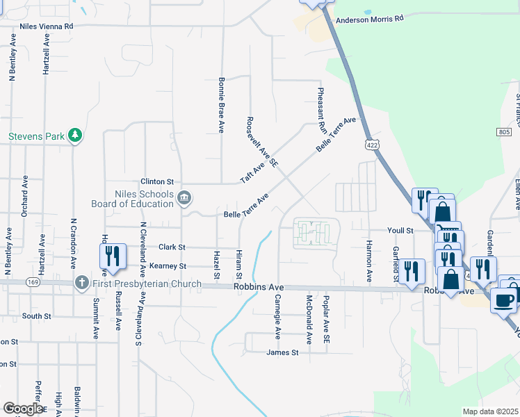 map of restaurants, bars, coffee shops, grocery stores, and more near 1725 Belle Terre Avenue in Niles