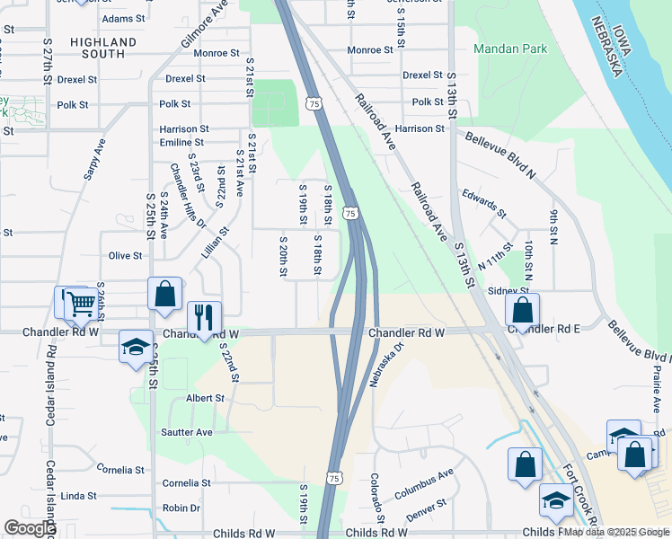 map of restaurants, bars, coffee shops, grocery stores, and more near 7414 South 17th Street in Bellevue