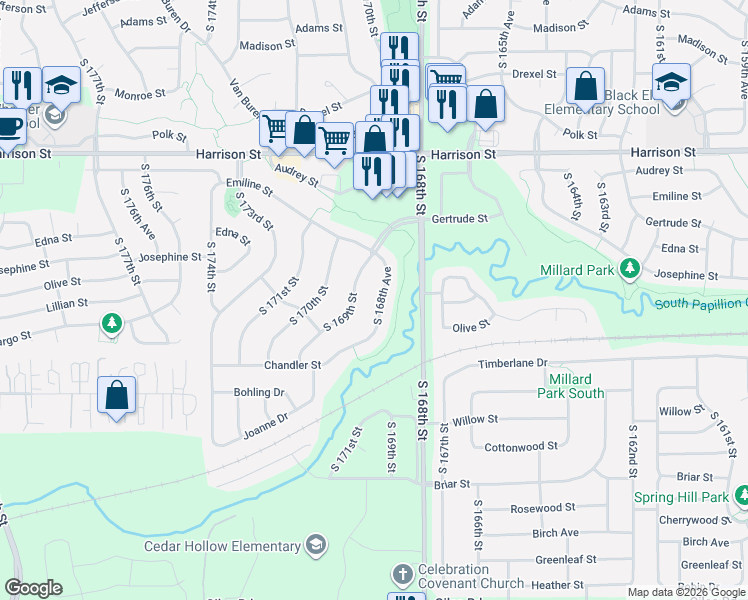 map of restaurants, bars, coffee shops, grocery stores, and more near 7329 South 169th Street in Omaha