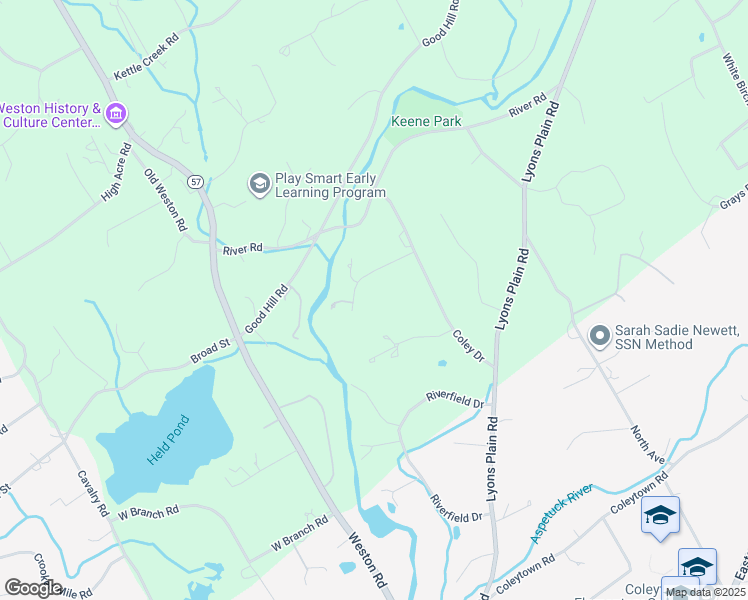 map of restaurants, bars, coffee shops, grocery stores, and more near 22 Saugatuck River Road in Weston