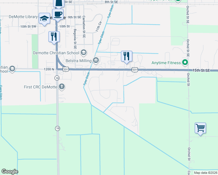 map of restaurants, bars, coffee shops, grocery stores, and more near 519 17th Street Southeast in De Motte