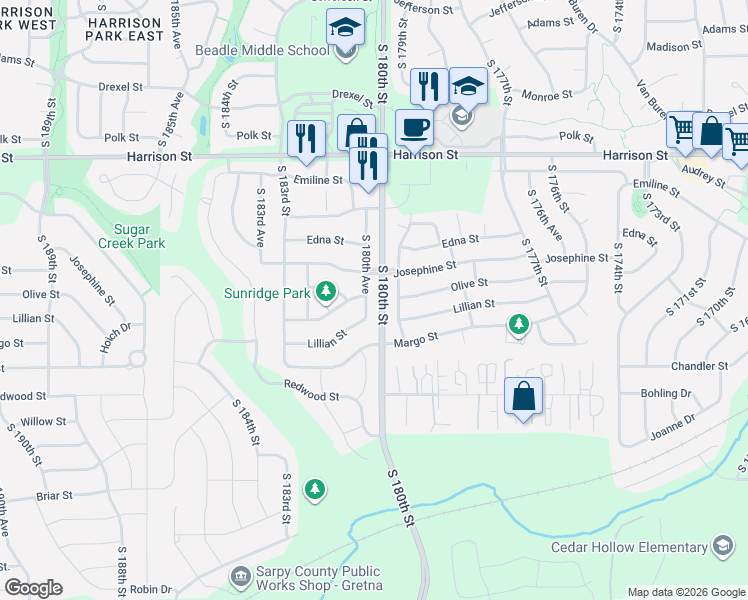 map of restaurants, bars, coffee shops, grocery stores, and more near 7711 South 180th Avenue in Omaha
