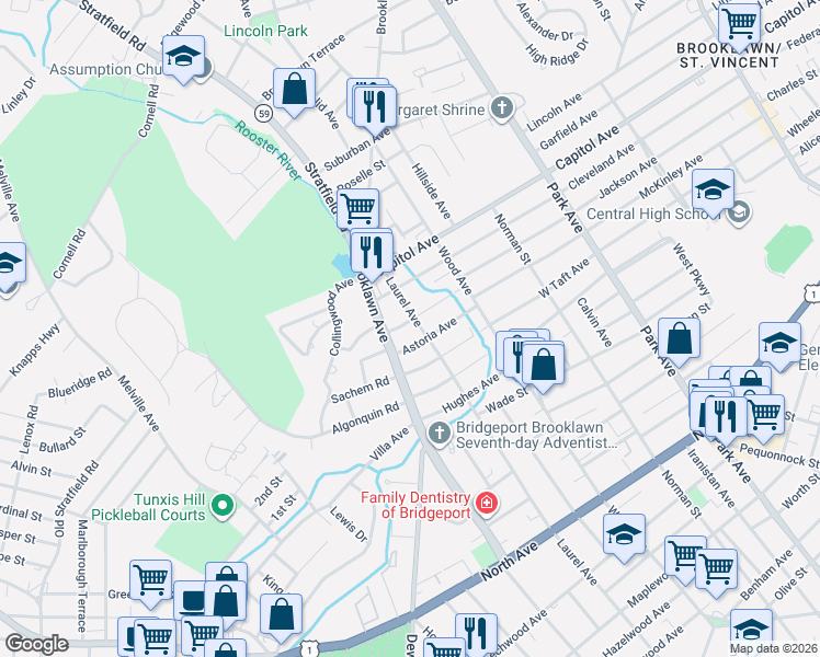 map of restaurants, bars, coffee shops, grocery stores, and more near 141 Astoria Avenue in Bridgeport