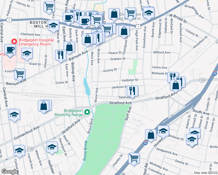 map of restaurants, bars, coffee shops, grocery stores, and more near 487 Jackson Avenue in Stratford