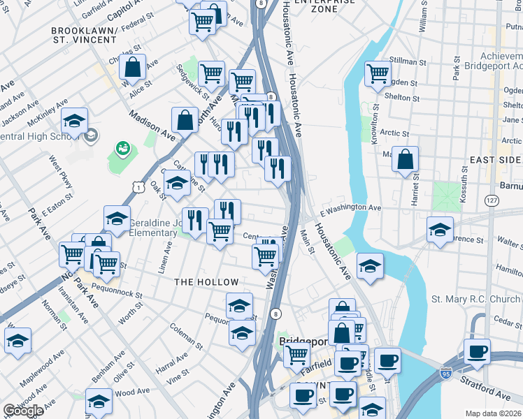 map of restaurants, bars, coffee shops, grocery stores, and more near 155 Catherine Street in Bridgeport