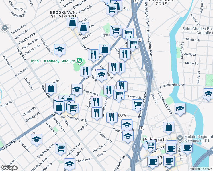 map of restaurants, bars, coffee shops, grocery stores, and more near 92 Oak Street in Bridgeport