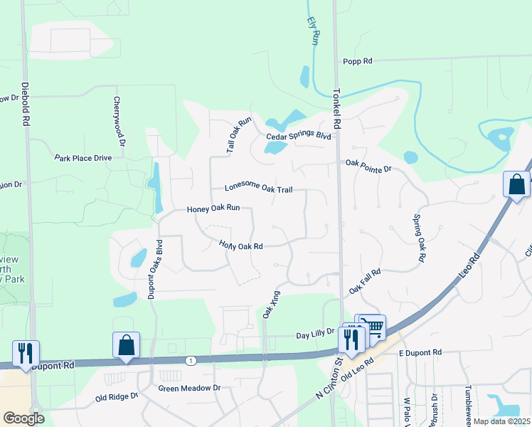 map of restaurants, bars, coffee shops, grocery stores, and more near 11036 Brandy Oak Run in Fort Wayne