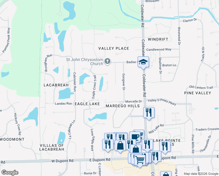 map of restaurants, bars, coffee shops, grocery stores, and more near 428 Troon Way in Fort Wayne
