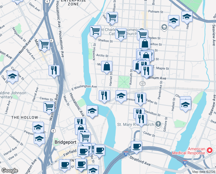map of restaurants, bars, coffee shops, grocery stores, and more near 391 East Washington Avenue in Bridgeport