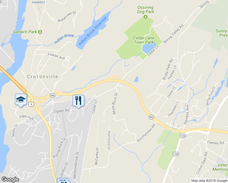 map of restaurants, bars, coffee shops, grocery stores, and more near 2 White Birch Drive in Ossining